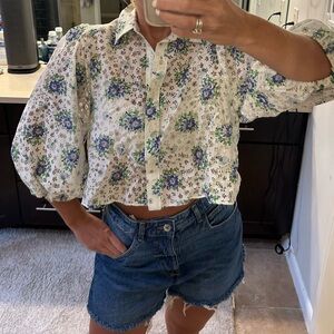 Zara Floral Button-Up Blouse - White Blue and Green